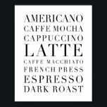 Kaffe Ord Poster<br><div class="desc">Americano,  Caffe Mocha,  Cappuccino,  Latte,  Caffe Macchiato,  Fransk Press,  Espresso,  Mörk Roast</div>