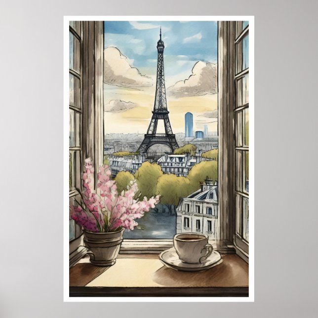 Kaffe över Paris och Eiffel Torn Poster (Framsidan)