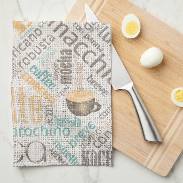 Kaffe på Burlap Ord Cloud Teal ID283 Kökshandduk (Vikt i Fjärdedel)