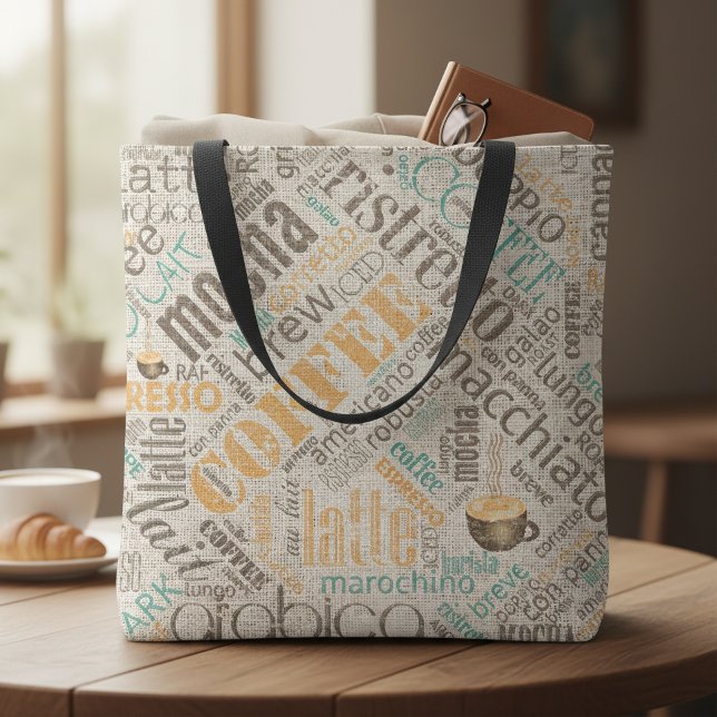Kaffe på Jutesäck Ordmoln Teal ID283 Tygkasse (Skapare uppladdad)