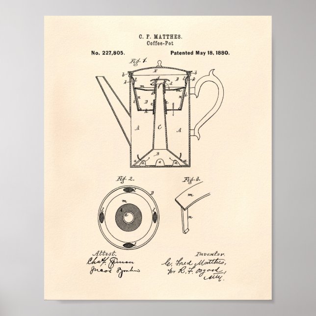 Kaffe Pot 1880 Patent Art Old Peper Poster (Framsidan)