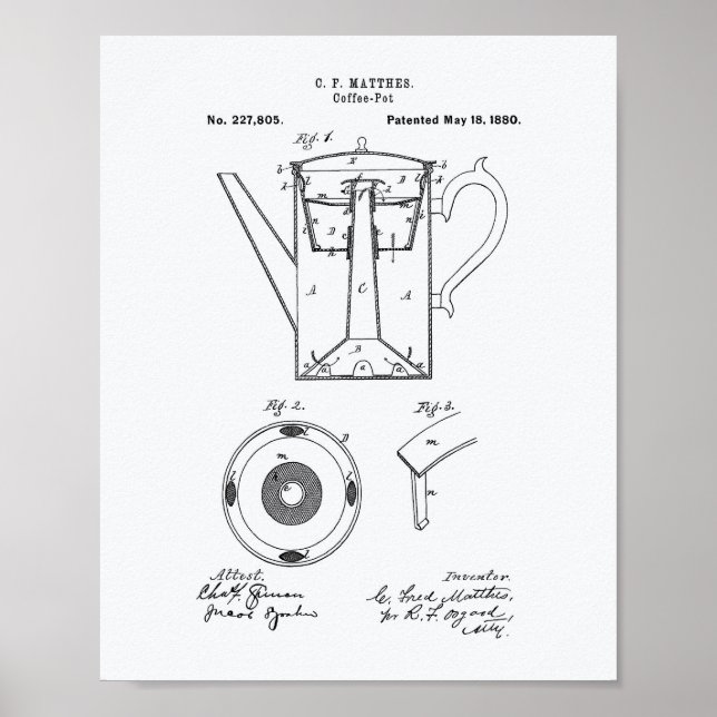 Kaffe Pot 1880 Patent Art White Papper Poster (Framsidan)