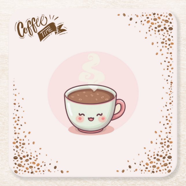 Kaffe Rosa Estetisk Kwaii stil Coaster Underlägg Papper Kvadrat (Framsidan)