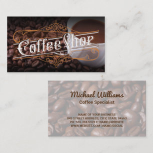 Kaffe Shop Vintage Lettering   Kopp och bönor Visitkort
