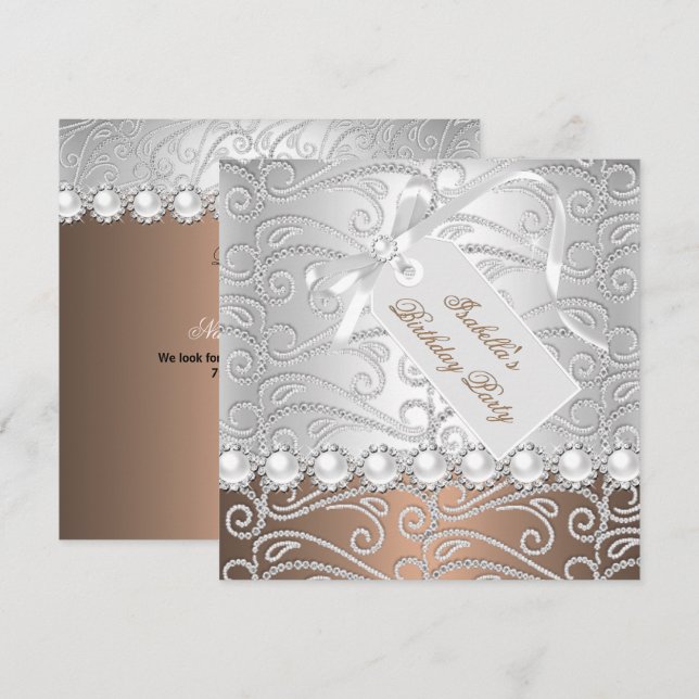 Kaffe Silver Pärl Diamanter Födelsedagsfest Inbjudningar (Fram/baksida)