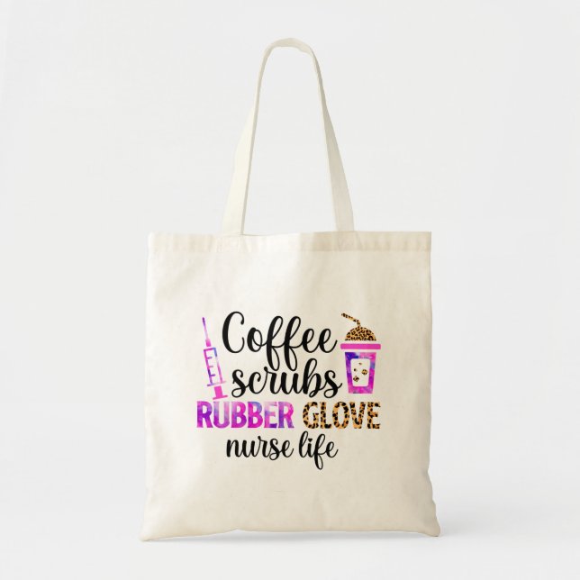 Kaffe, skorpor, gummihandskar - sjukhusoffert tygkasse (Framsidan)