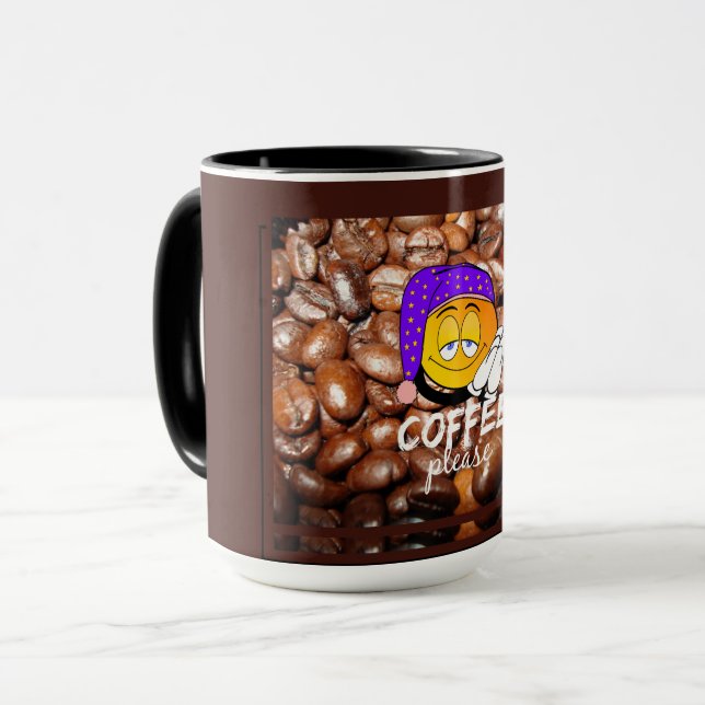"Kaffe, snälla!" Funny Emoji Mugg (Framsida vänster)