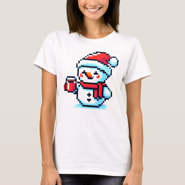 Kaffe Snögubbe - Mysigt Pixel Art-juldesign T Shirt (Framsida)