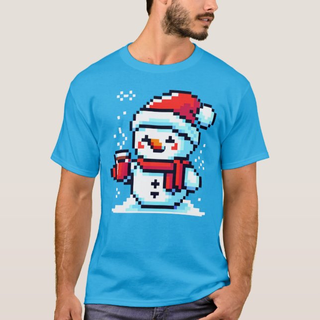 Kaffe Snögubbe - Mysigt Pixel Art-juldesign T Shirt (Framsida)