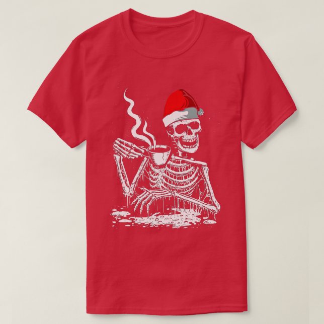 Kaffe som dricker Skeleton jul Skull Santa Hat T Shirt (Design framsida)