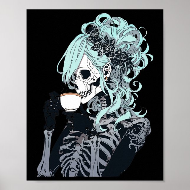 Kaffe som dricker Skeleton Messy Bun Halloween Cos Poster (Framsidan)