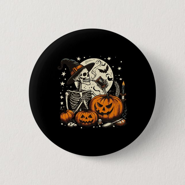Kaffe som dricker Skeleton Pumpkin Halloween Costu Knapp (Framsida)