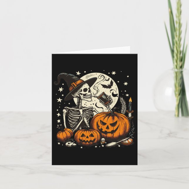 Kaffe som dricker Skeleton Pumpkin Halloween Costu Kort (Framsida)