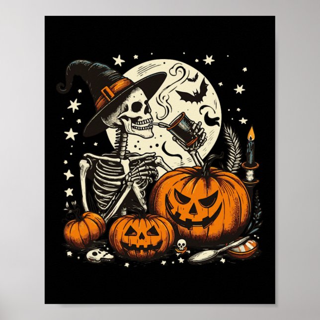 Kaffe som dricker Skeleton Pumpkin Halloween Costu Poster (Framsidan)