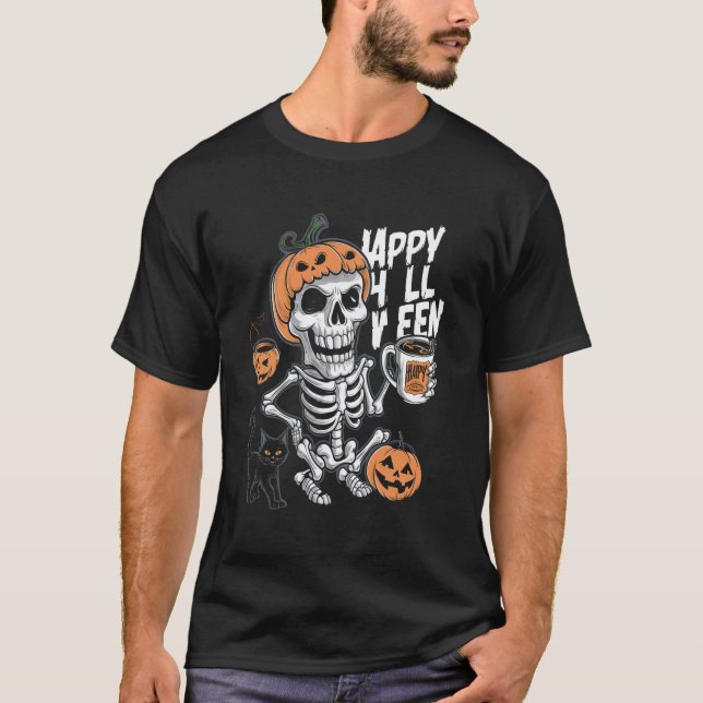 Kaffe som dricker Skeleton Pumpkin Halloween Costu T Shirt (Framsida)