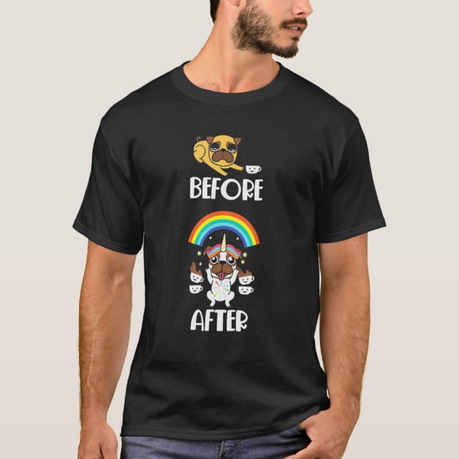 Kaffe som säger Koffein Hund Pug Puns T Shirt (Framsida)