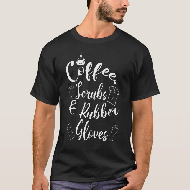 Kaffe, spånskivor och gummihandskar t shirt (Framsida)
