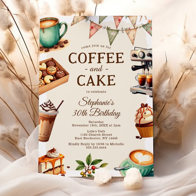 Kaffe & Tårta Vuxen Födelsedagsfest Inbjudningar (Skapare uppladdad)