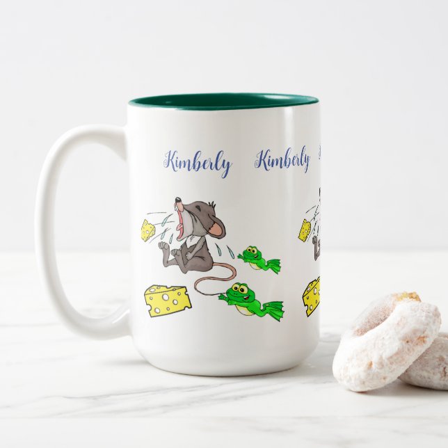 Kaffe Tea Mugg, Mouse Frog Cheese Två-Tonad Mugg (Med munk)