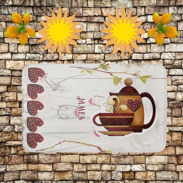 Kaffe Tekanna Hearts Rustic Land Garden Elegant Badrumsmatta (Coffee Teapot Hearts Rustic Country Garden Elegant Bath Mat)
