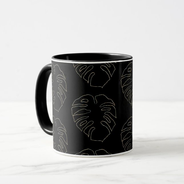 Kaffe vid Svarta havet och Guld Monstera Löv Mönst Mugg (Framsida vänster)