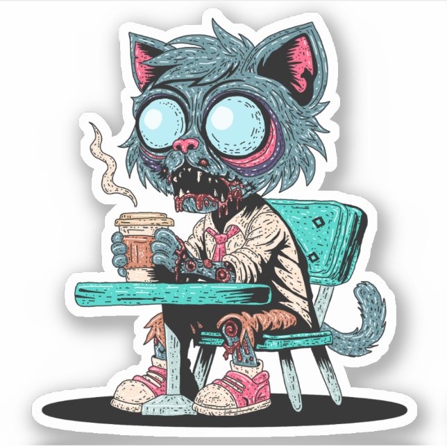 Kaffeälskande Zombie Katt Klistermärken (Framsida)