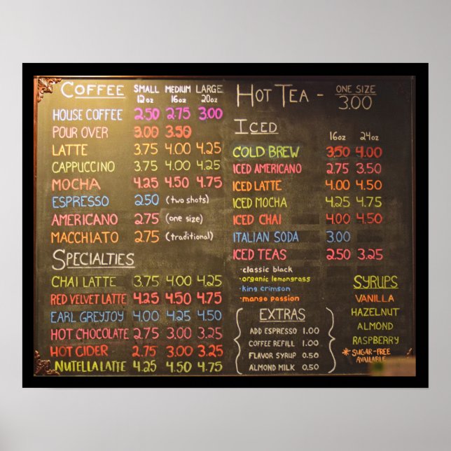 Kaffebar Meny Taffel - 20x16 tum plakat Poster (Framsidan)