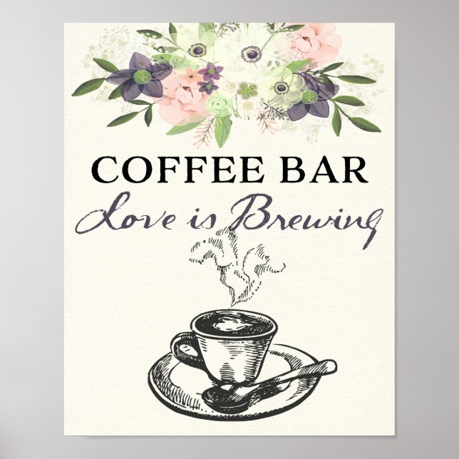 Kaffebarsskylt Bröllop Bridal Watercolor Blommig Poster (Framsidan)