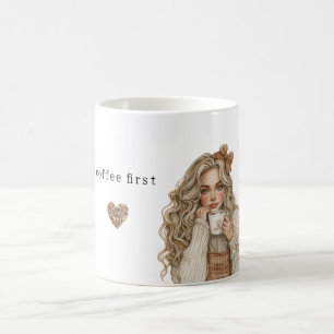 Kaffebönor Hjärtkräm Blond Kvinna Kaffemugg