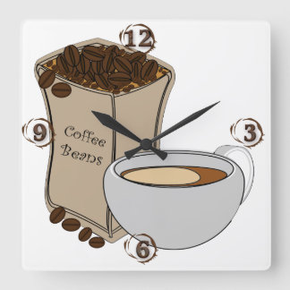 Kaffebönor kaffe somkoppen kvadrerar väggen, tar fyrkantig klocka