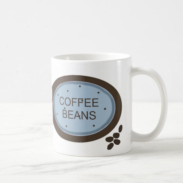 Kaffebönor skylt i blå och brun färg kaffemugg (Höger)