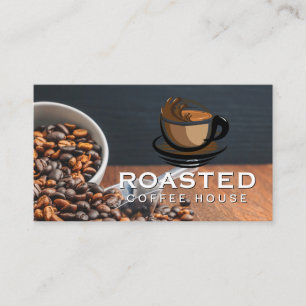 Kaffebönor som strömmar ut med Scoop Kafé-Logoty Visitkort