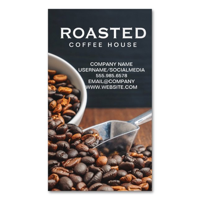 Kaffebönornas skop magnetiska visitkort (Framsida vertikal)