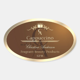 Kaffebrunt produktmärke Guld Ram och Monogram Ovalt Klistermärke