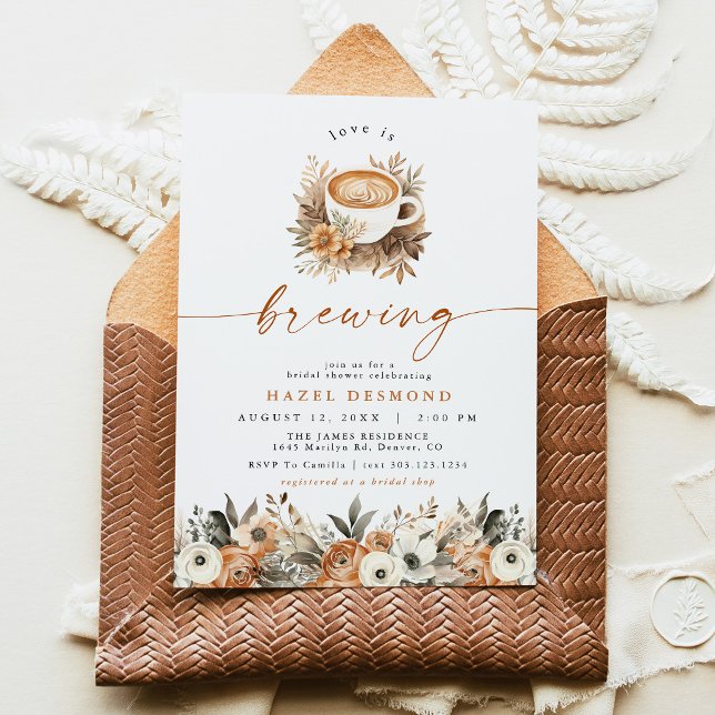 Kaffebryllupsinbjudan, Kärlek bryggs Inbjudningar (Boho Fall Floral Espresso Latte Love Is Brewing Coffee Bridal Shower Invitation)