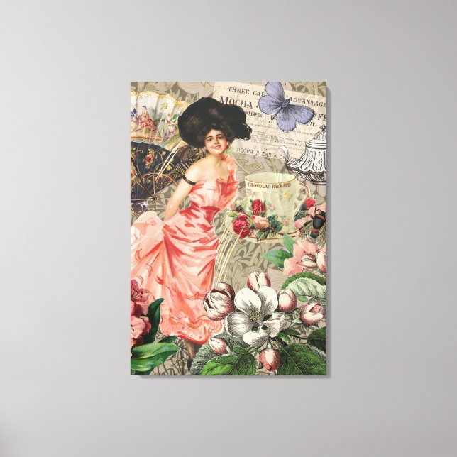 Kaffedamen Victorian Kvinna Rosa Rik Klänning Canvastryck (Framsida)
