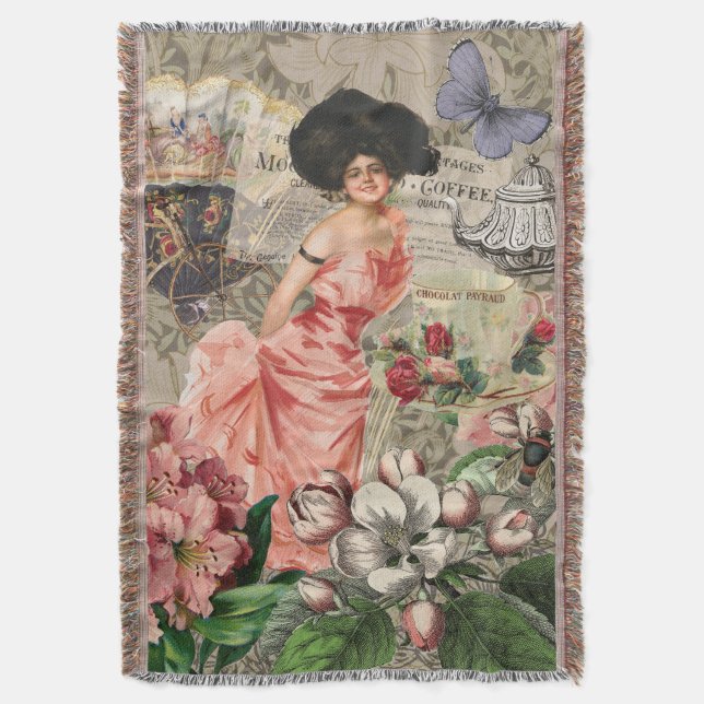 Kaffedamen Victorian Kvinna Rosa Rik Klänning Filt (Framsidan Vertikal)