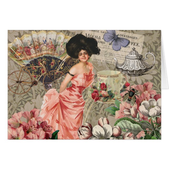 Kaffedamen Victorian Kvinna Rosa Rik Klänning Hälsningskort (Framsidan Horizontal)