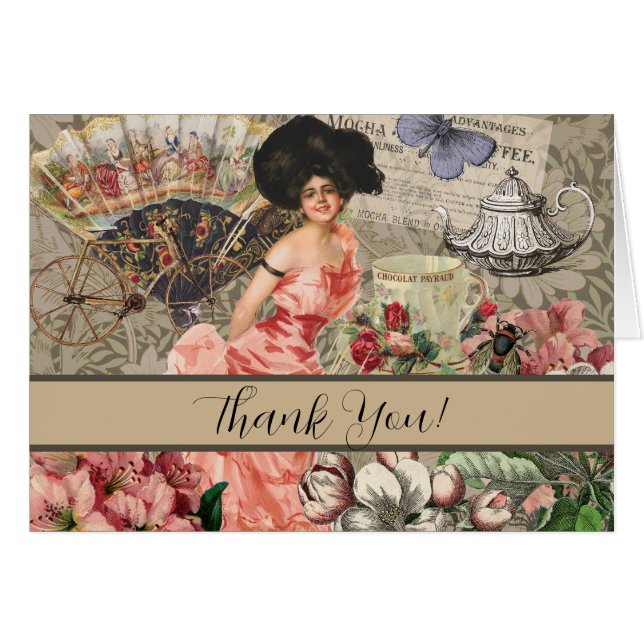 Kaffedamen Victorian Kvinna Rosa Rik Klänning Hälsningskort (Framsidan Horizontal)