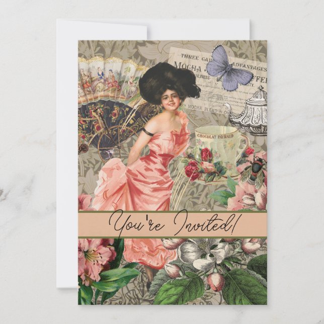 Kaffedamen Victorian Kvinna Rosa Rik Klänning Inbjudningar (Framsida)