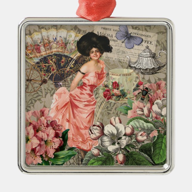 Kaffedamen Victorian Kvinna Rosa Rik Klänning Julgransprydnad Metall (Framsidan)