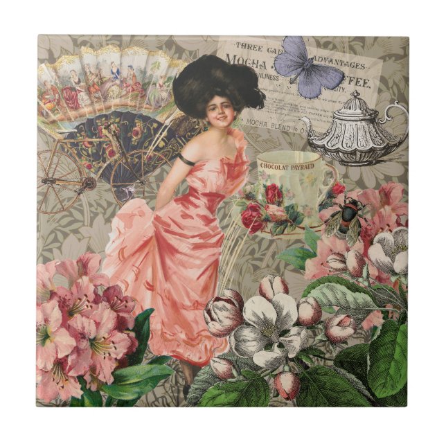 Kaffedamen Victorian Kvinna Rosa Rik Klänning Kakelplatta (Framsidan)