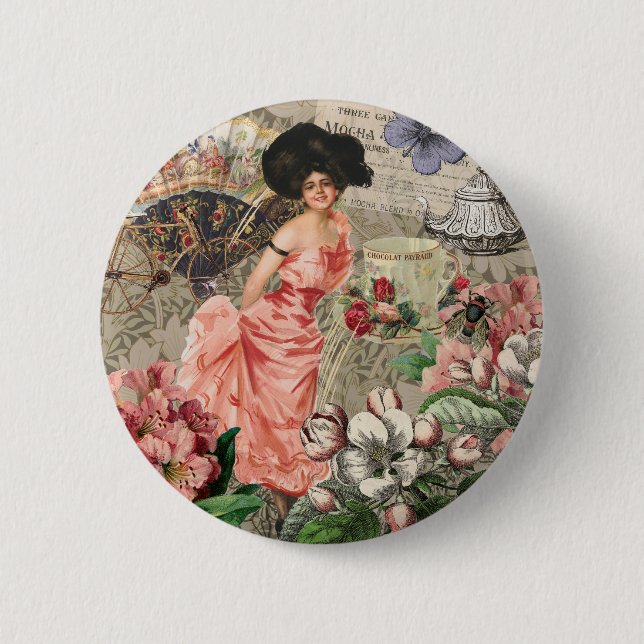 Kaffedamen Victorian Kvinna Rosa Rik Klänning Knapp (Framsida)