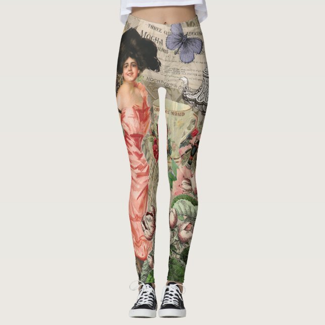 Kaffedamen Victorian Kvinna Rosa Rik Klänning Leggings (Framsida)