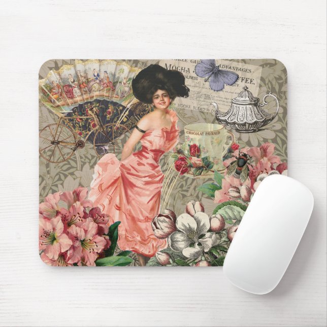 Kaffedamen Victorian Kvinna Rosa Rik Klänning Musmatta (Med mus)