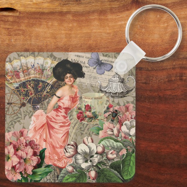 Kaffedamen Victorian Kvinna Rosa Rik Klänning Nyckelring (Baksida)
