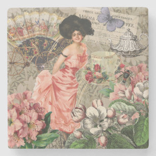 Kaffedamen Victorian Kvinna Rosa Rik Klänning Stenunderlägg