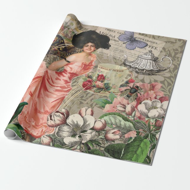 Kaffedamen viktoriansk kvinna rosa rik klänning presentpapper (Utrullad)