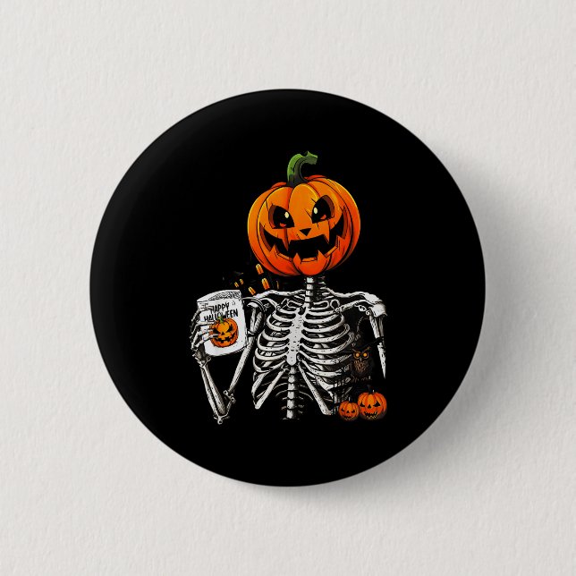 Kaffedrickande skelettpumpa Halloween-kostym Knapp (Framsida)