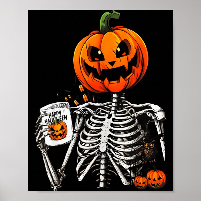 Kaffedrickande skelettpumpa Halloween-kostym Poster (Framsidan)
